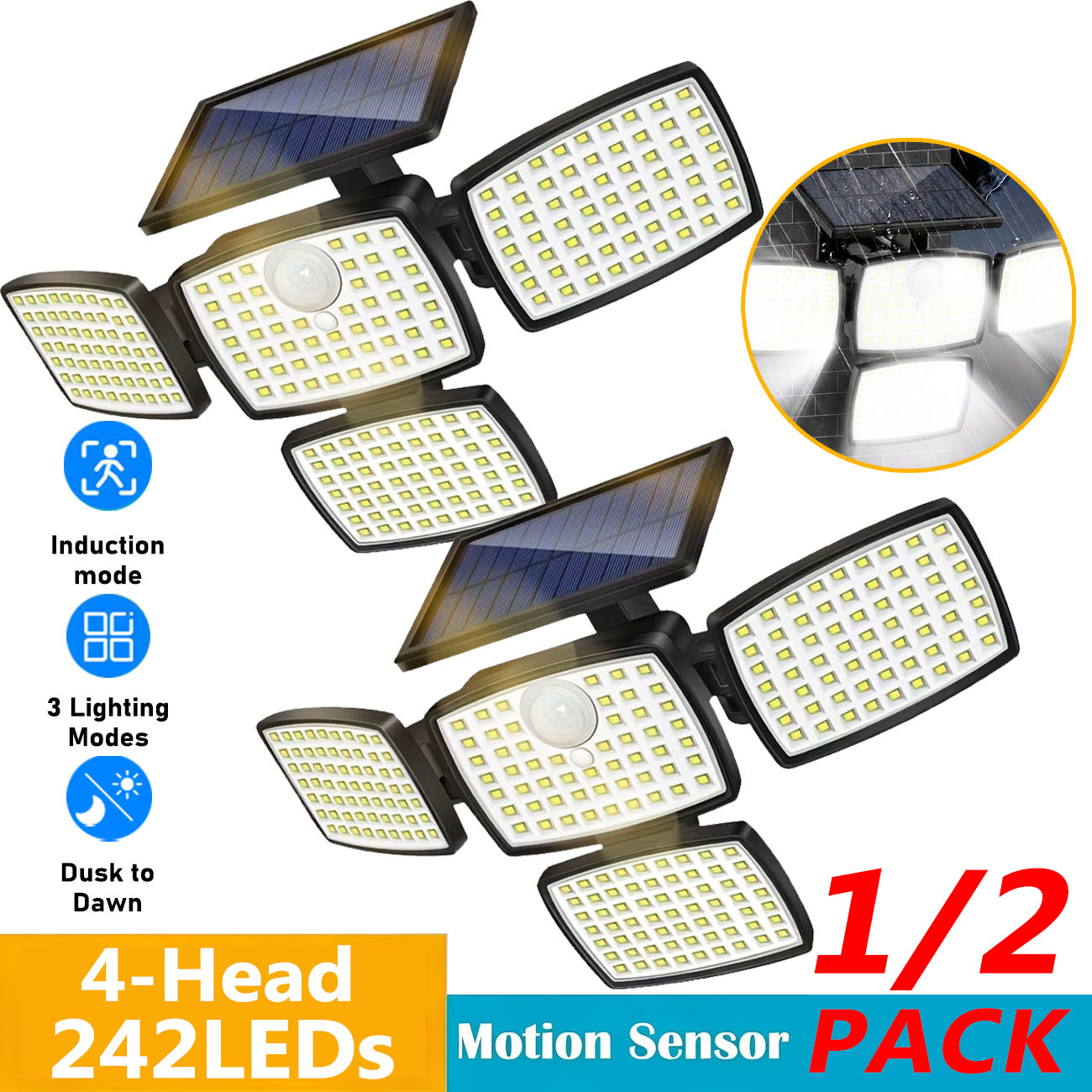 Outdoor Lighting Beacon - مصباح شمسي بمستشعر حركة برأس رباعي